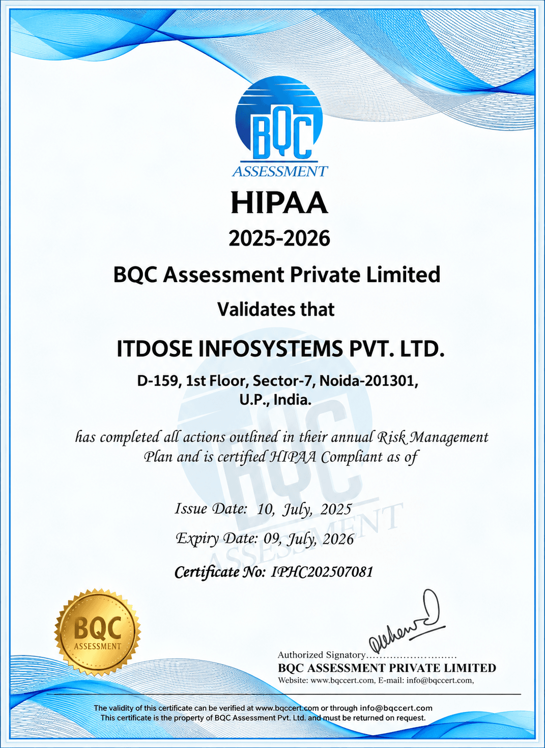 HIPAA Compliance Certificate