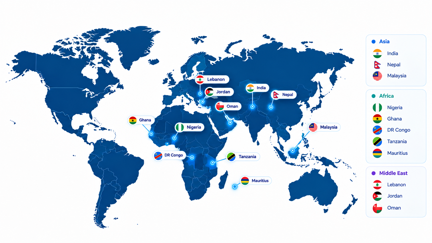 Map showing countries across Asia, Africa and the Middle East using e-LABpro